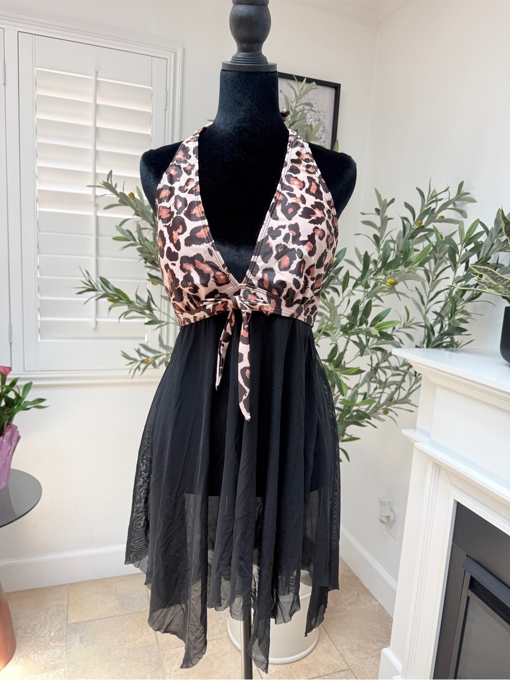 Leopard Halter Swim Dress with Black Skirt